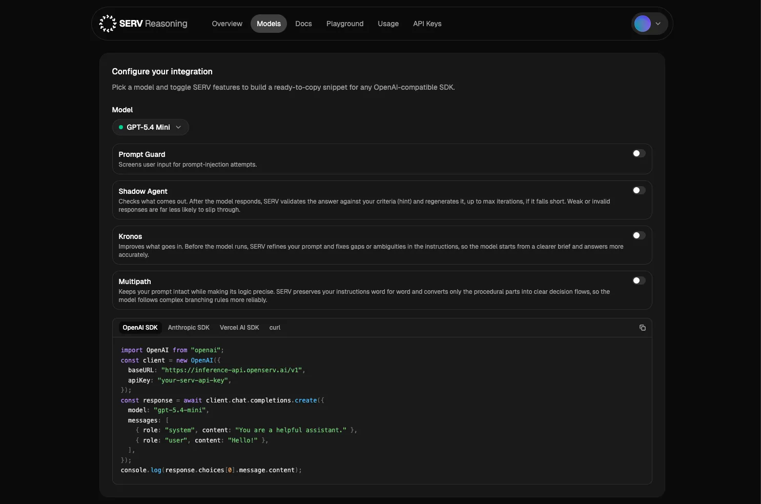 The integration configurator, with reasoning-feature toggles and a ready-to-copy code snippet for OpenAI-compatible SDKs