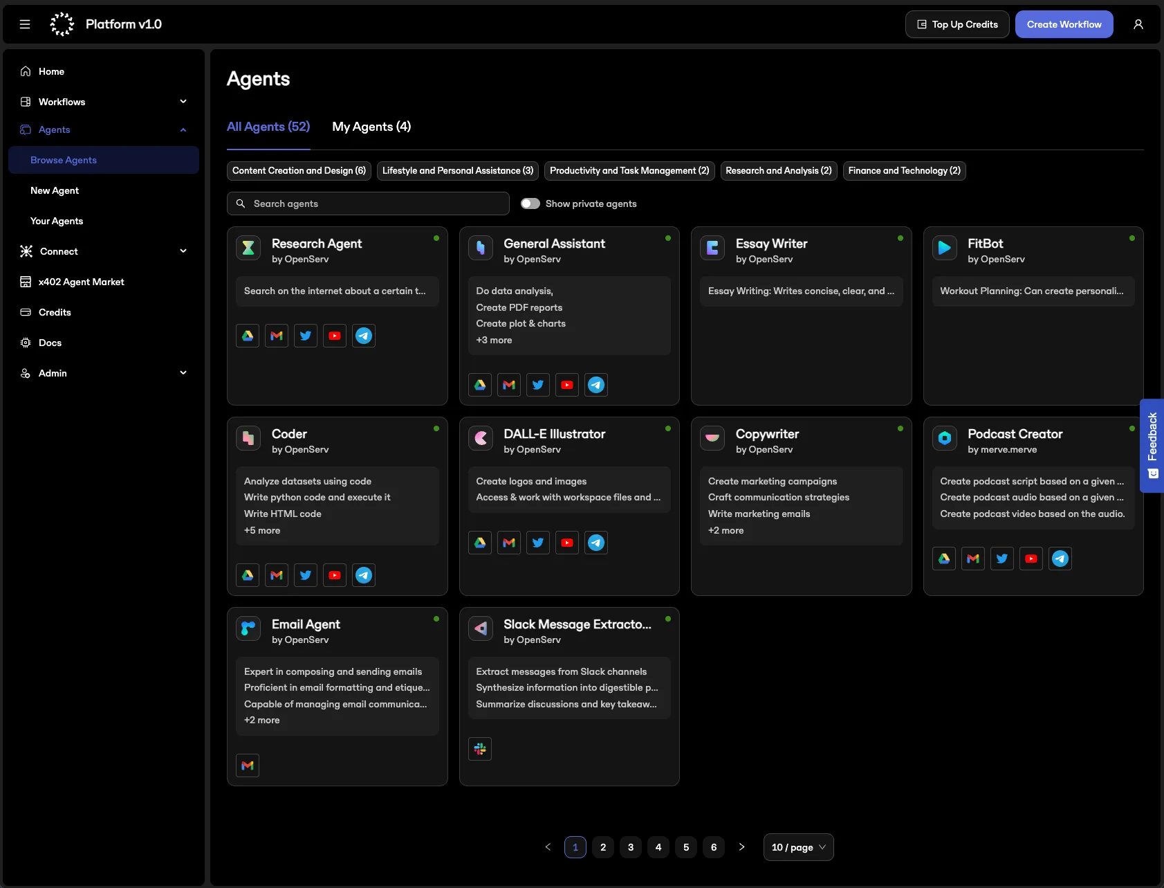 The agent marketplace, a categorized grid of agents with their capabilities and integrations