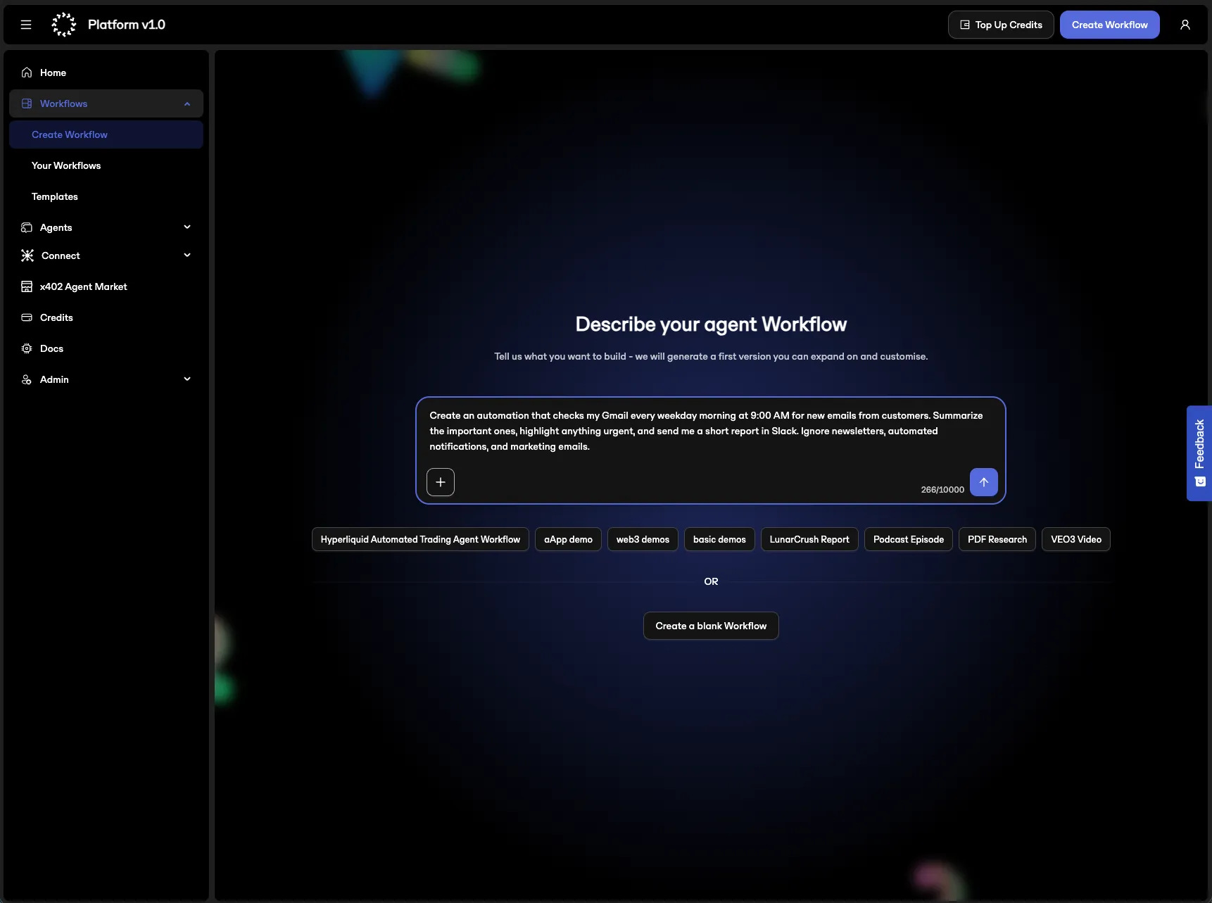 The workflow creation screen, where a user describes the automation they want in plain language