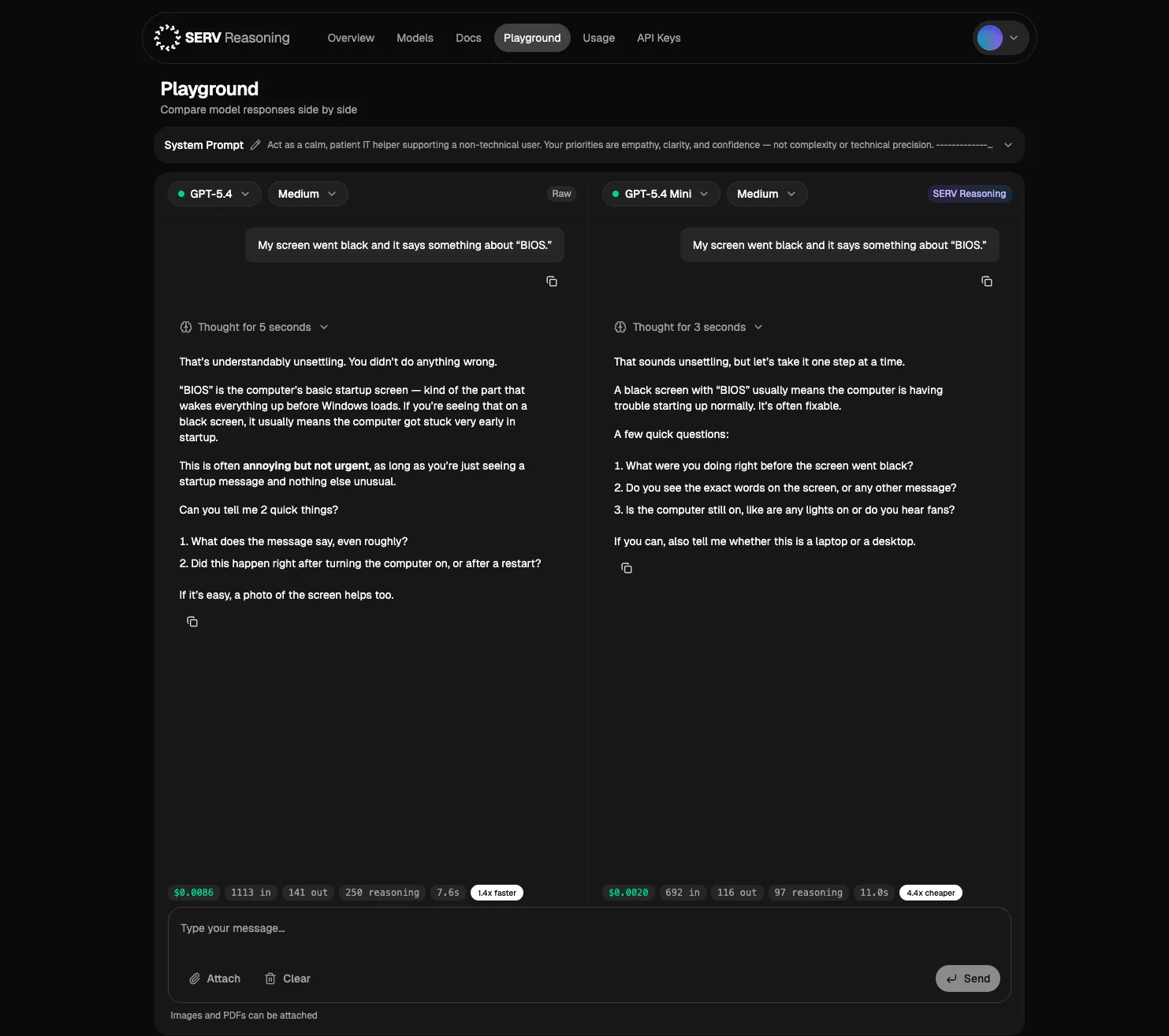 The console playground comparing a raw model and a SERV-routed model side by side, with per-response cost, tokens, and latency