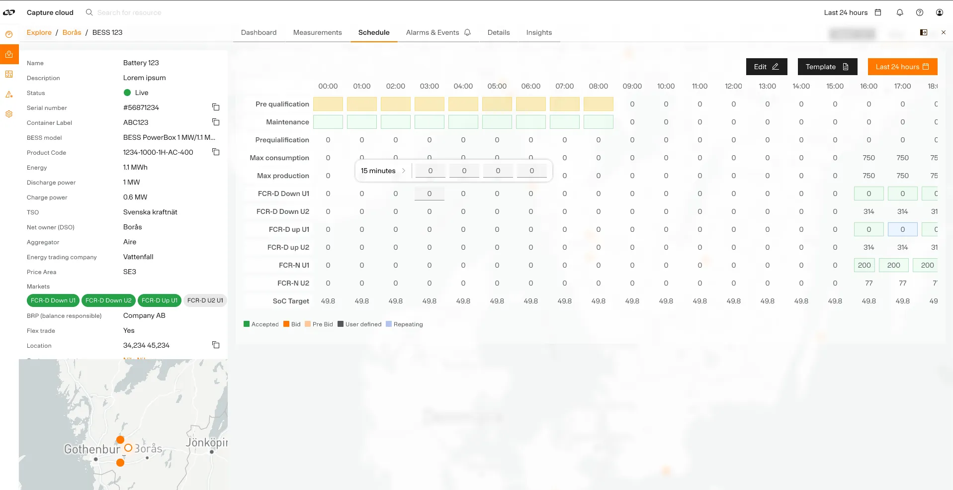The schedule view for a battery energy storage unit, with an hourly grid of frequency-reserve market commitments, consumption and production limits, state-of-charge targets, unit details, and a location map
