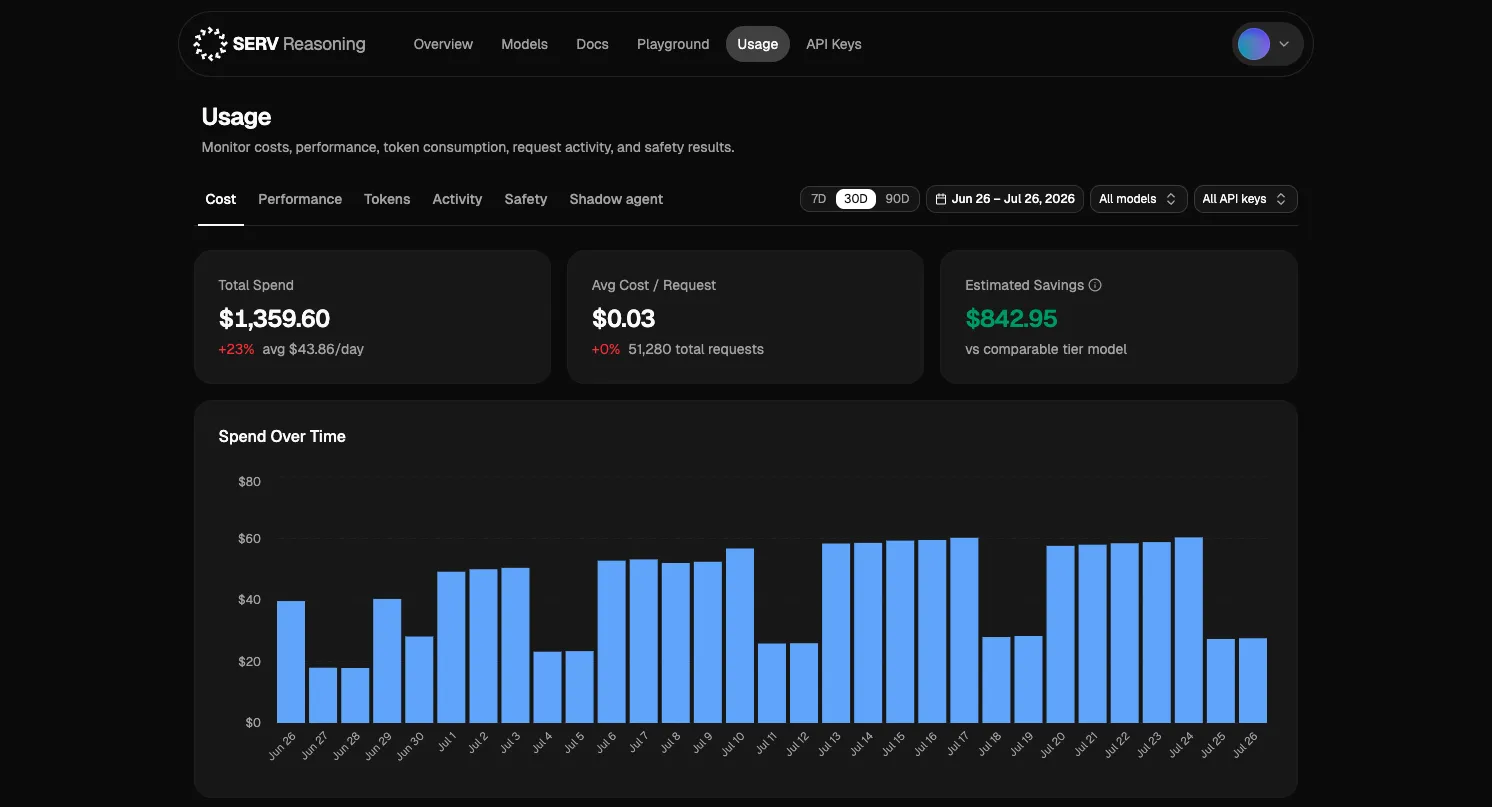 The usage analytics page, with cost, performance, token, activity, and safety tabs and a spend-over-time chart